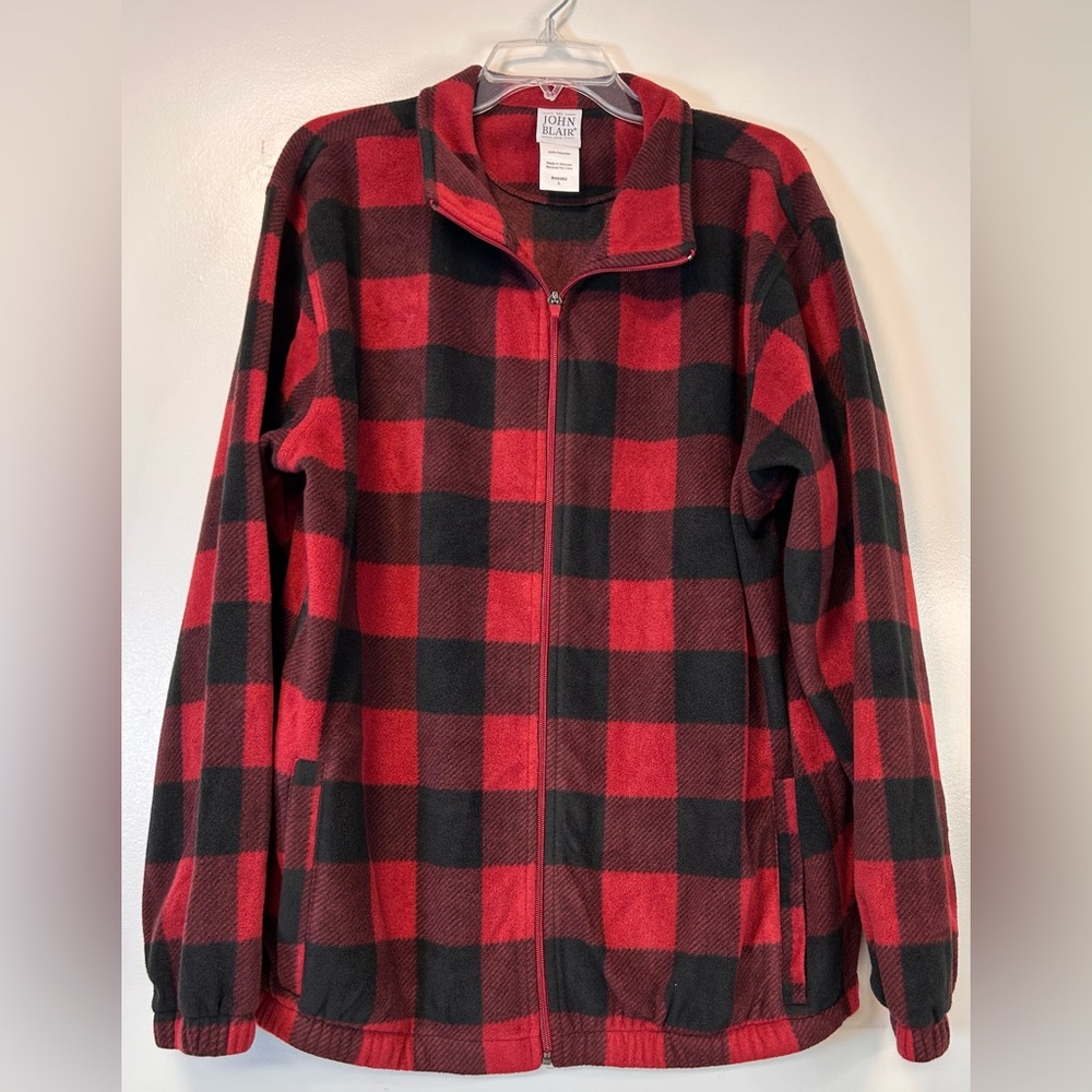 John Blair Tibetan Red Black Checked Fleece Jacket Full Zip Men’s Size Large